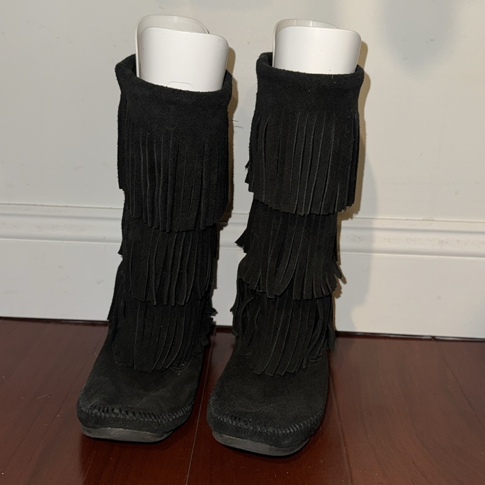 Minnetonka Women's 3-Layer Fringe Boot, Black - P… - image 2